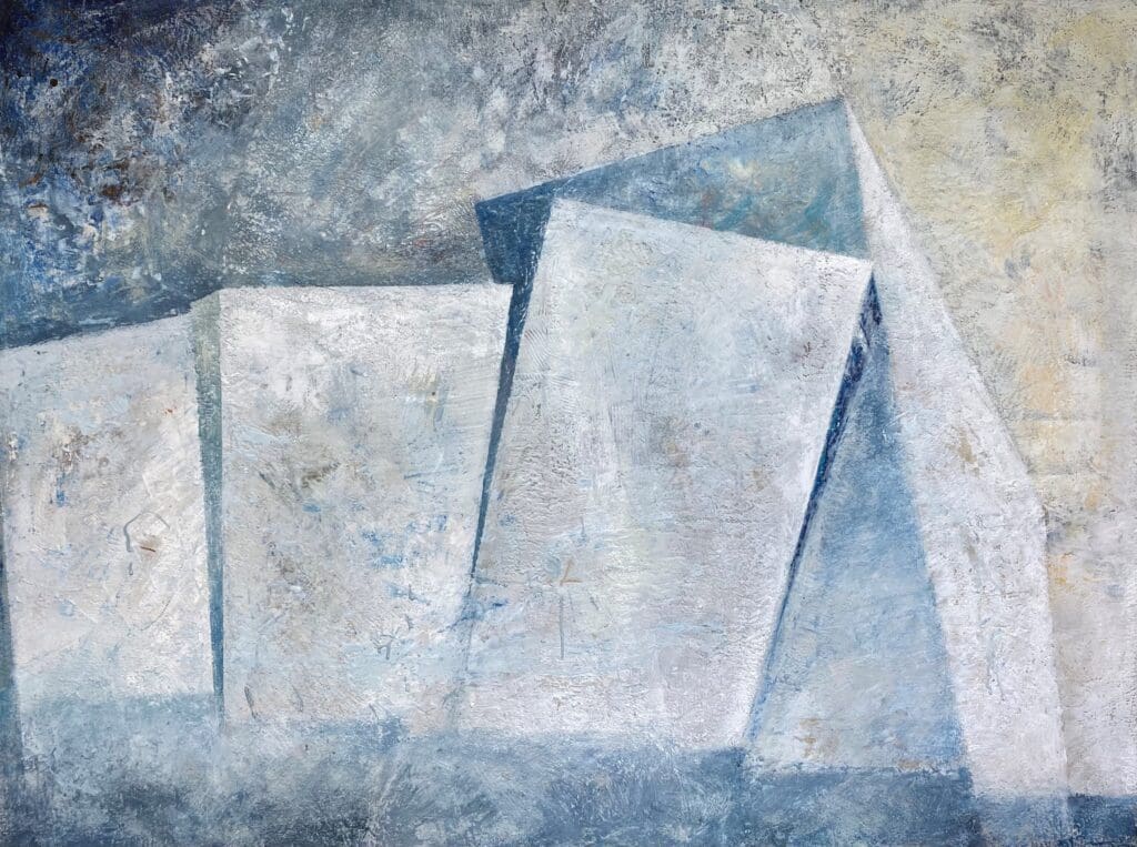 A painting of three blue and white squares.