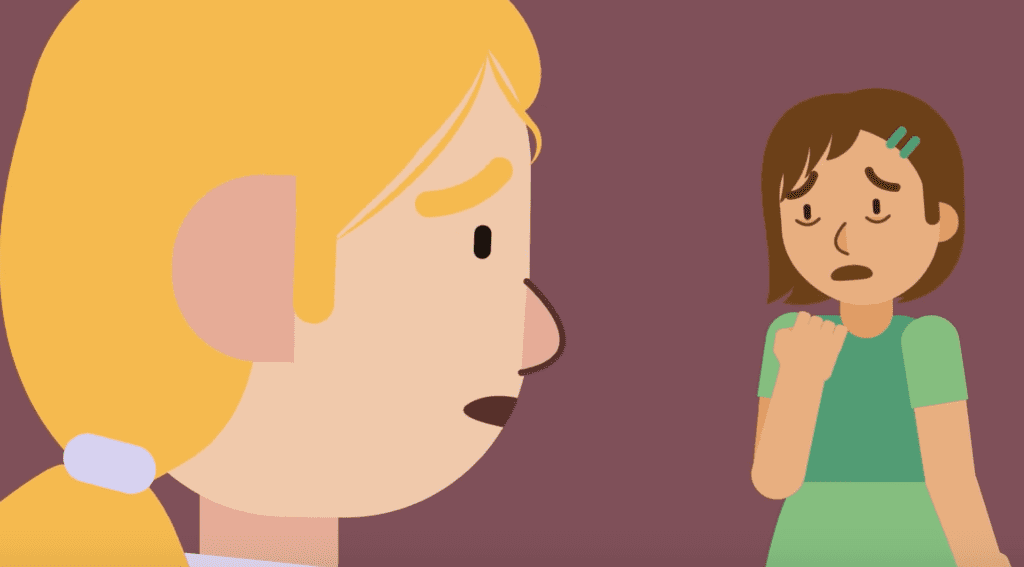 A cartoon of a girl talking to another girl.