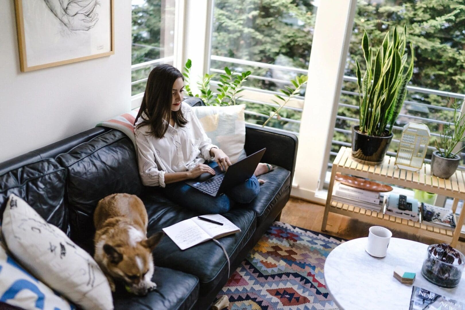 A woman sitting on a couch with her dog and laptop.