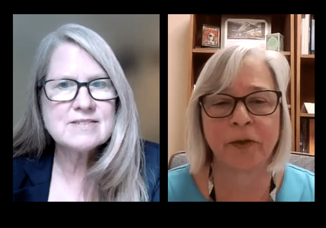 Two women in glasses are talking on a video call.