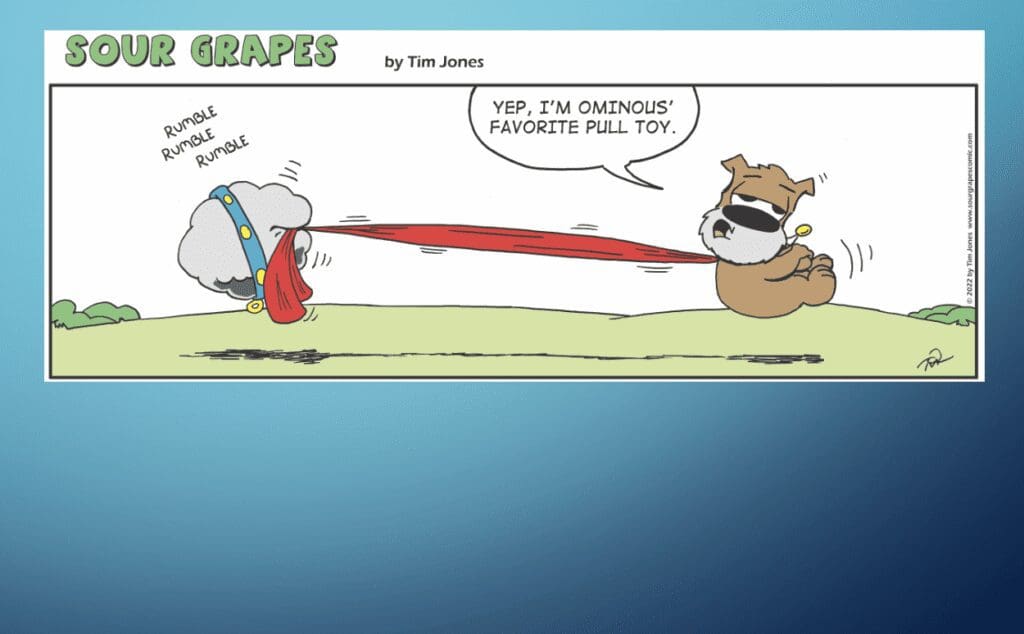 A cartoon of a dog pulling a rope.