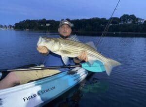 A man in a kayak holding a striped bass.