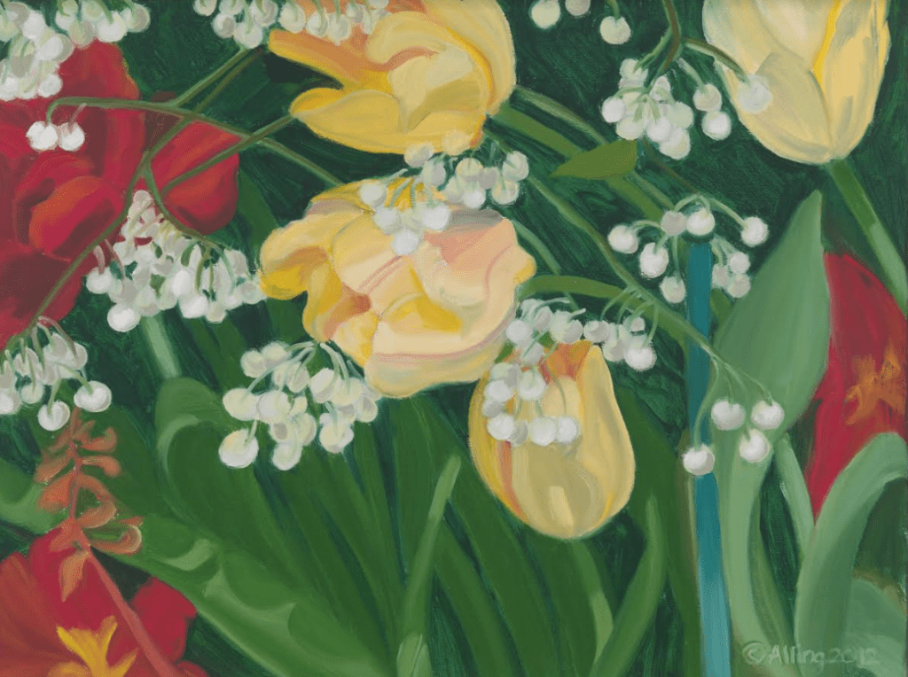 A painting of lily of the valley and yellow tulips.