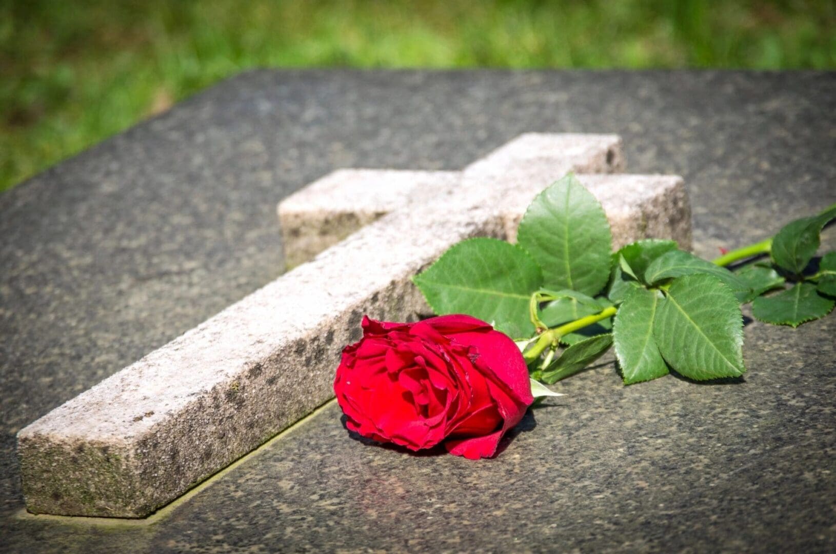 A red rose sits on top of a gravestone.