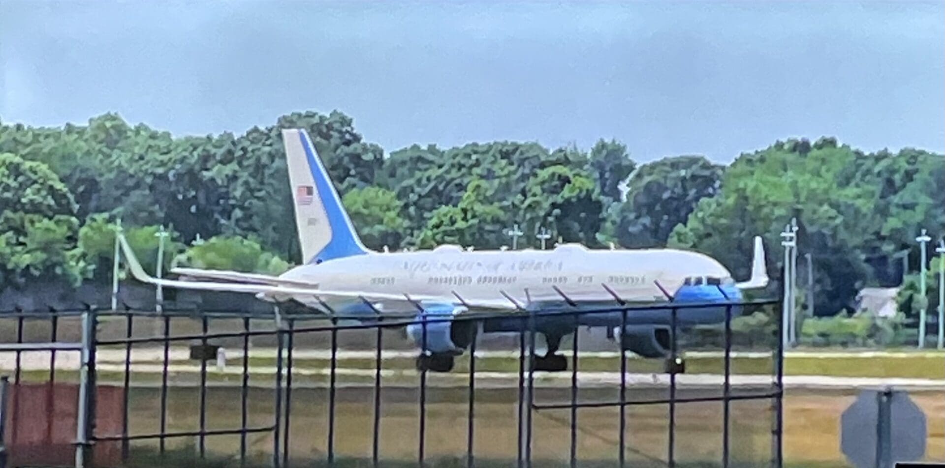 The air force one is taking off from the airport.