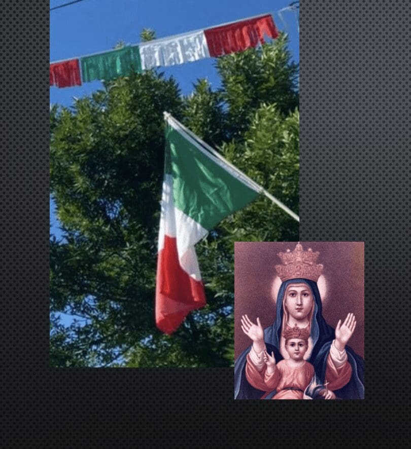 A picture of a flag with the image of the virgin mary and the flag of italy.