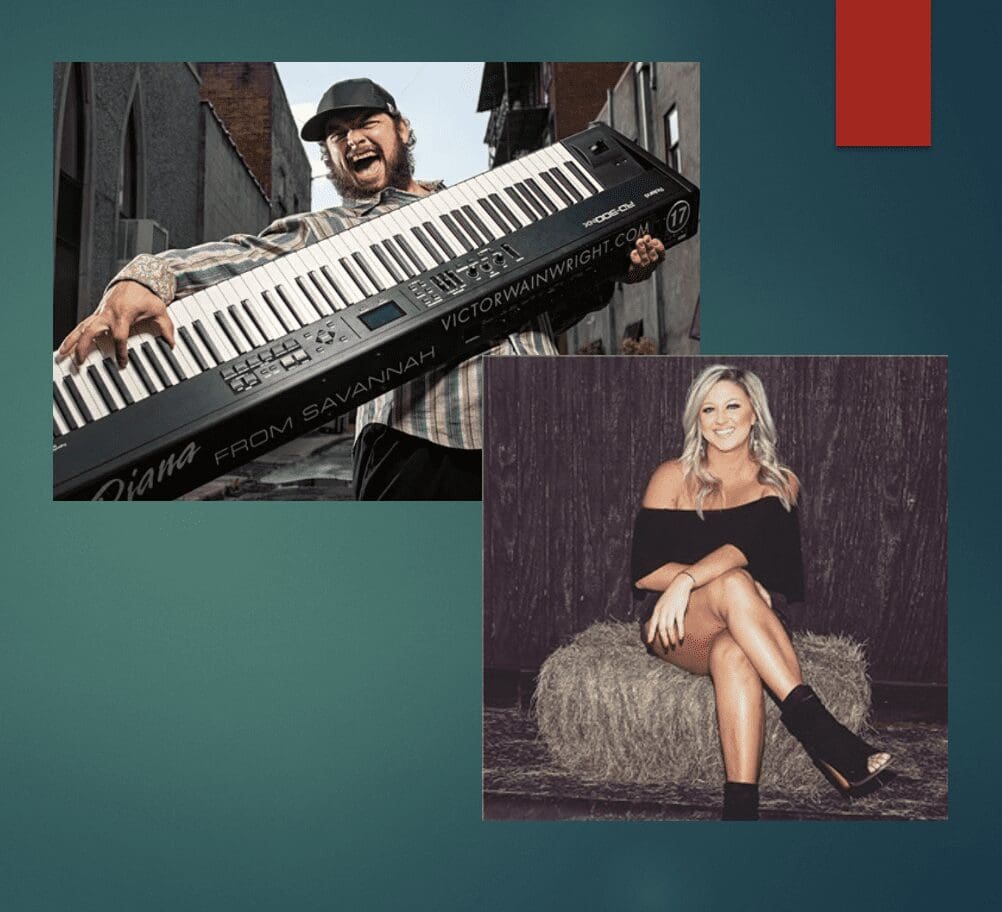 Two pictures of a man and a woman with a keyboard.