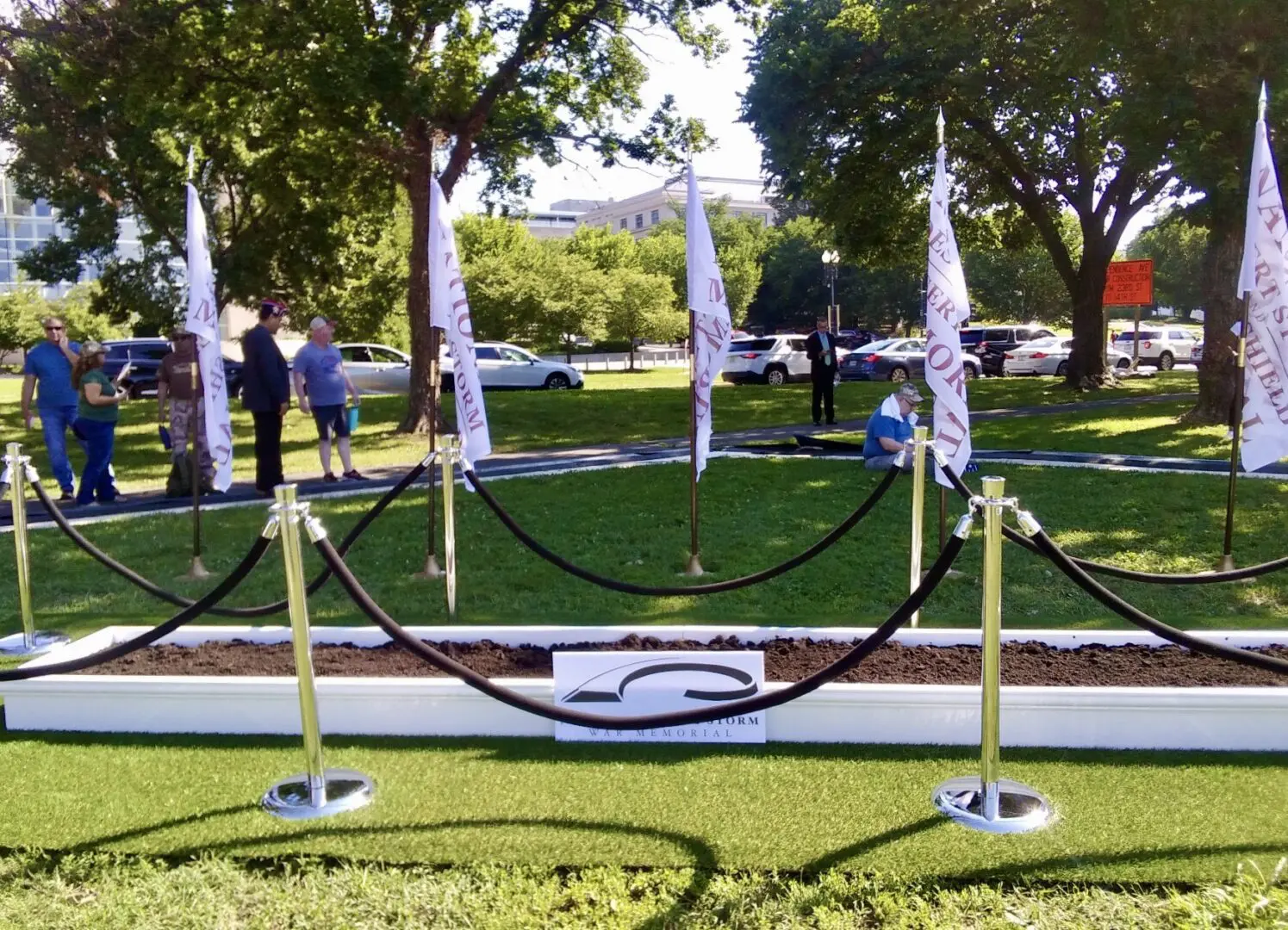 A grassy area with flags and flag poles.