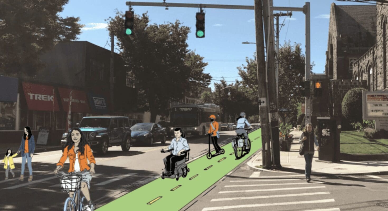 An artist's rendering of a bike lane on a city street.