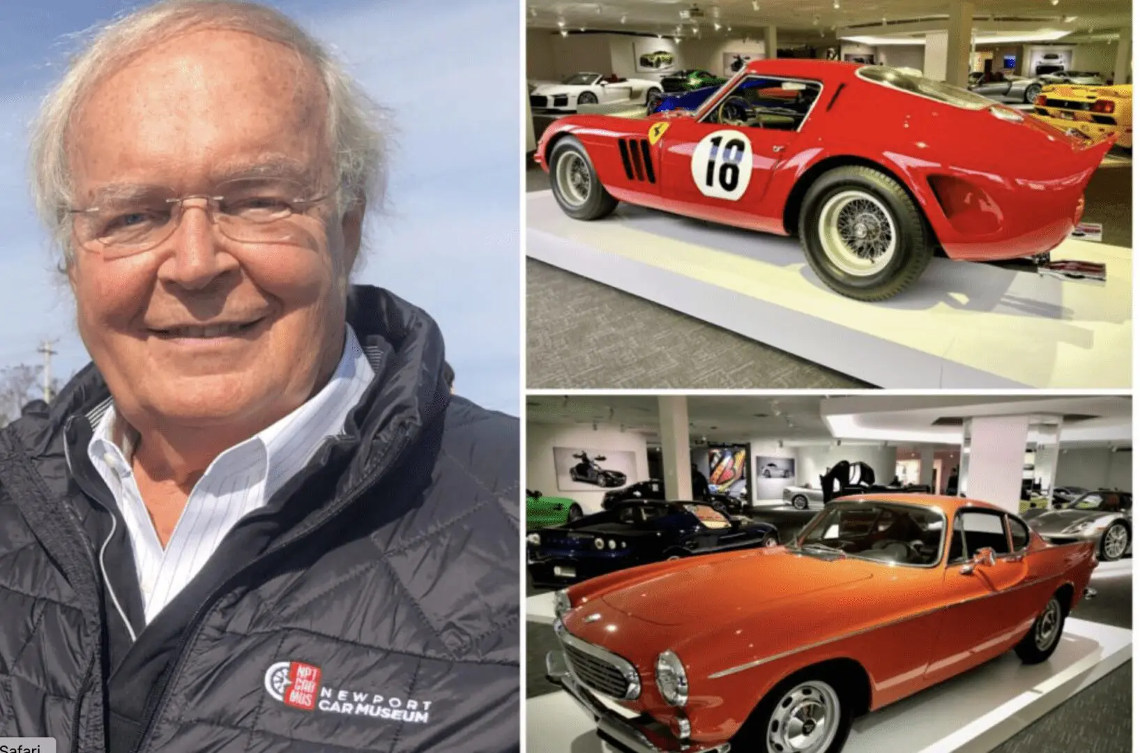 Two pictures of a man standing in front of a sports car.