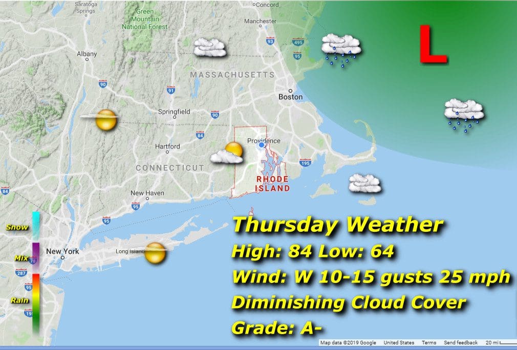 A map showing the weather for tuesday.
