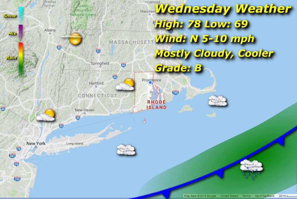 A map showing the weather for wednesday.