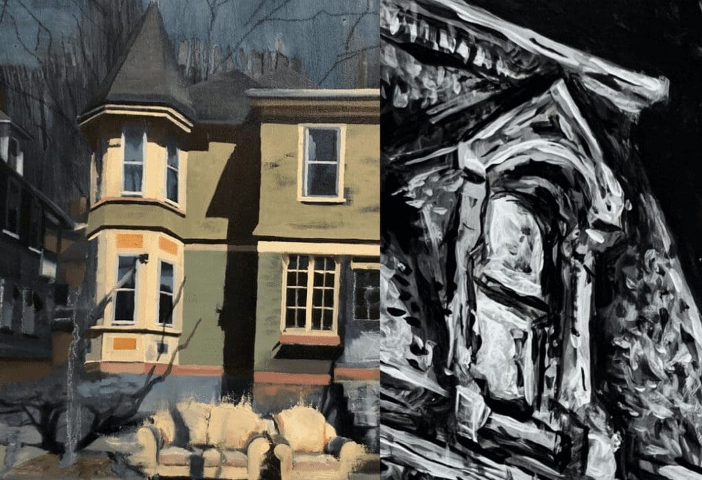 A black and white painting of a house and a black and white painting of a house.