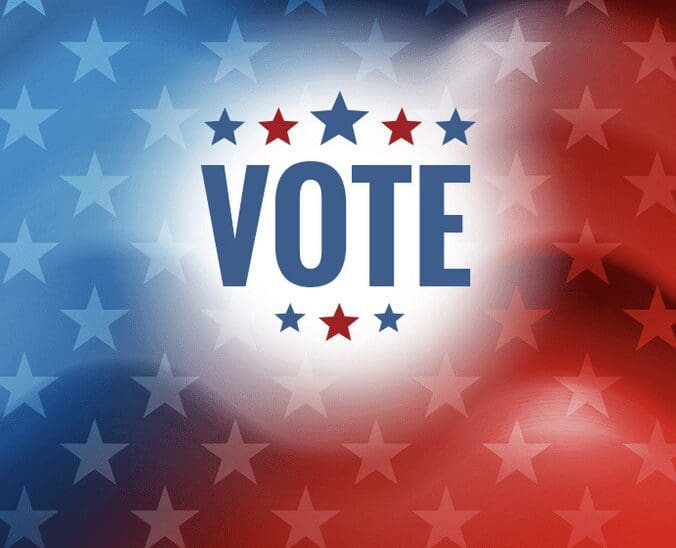 A red, white and blue background with the word vote.