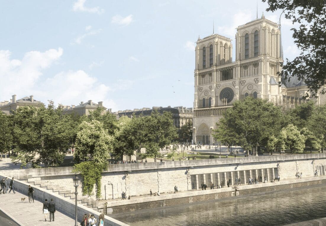 An artist's rendering of a cathedral in paris.
