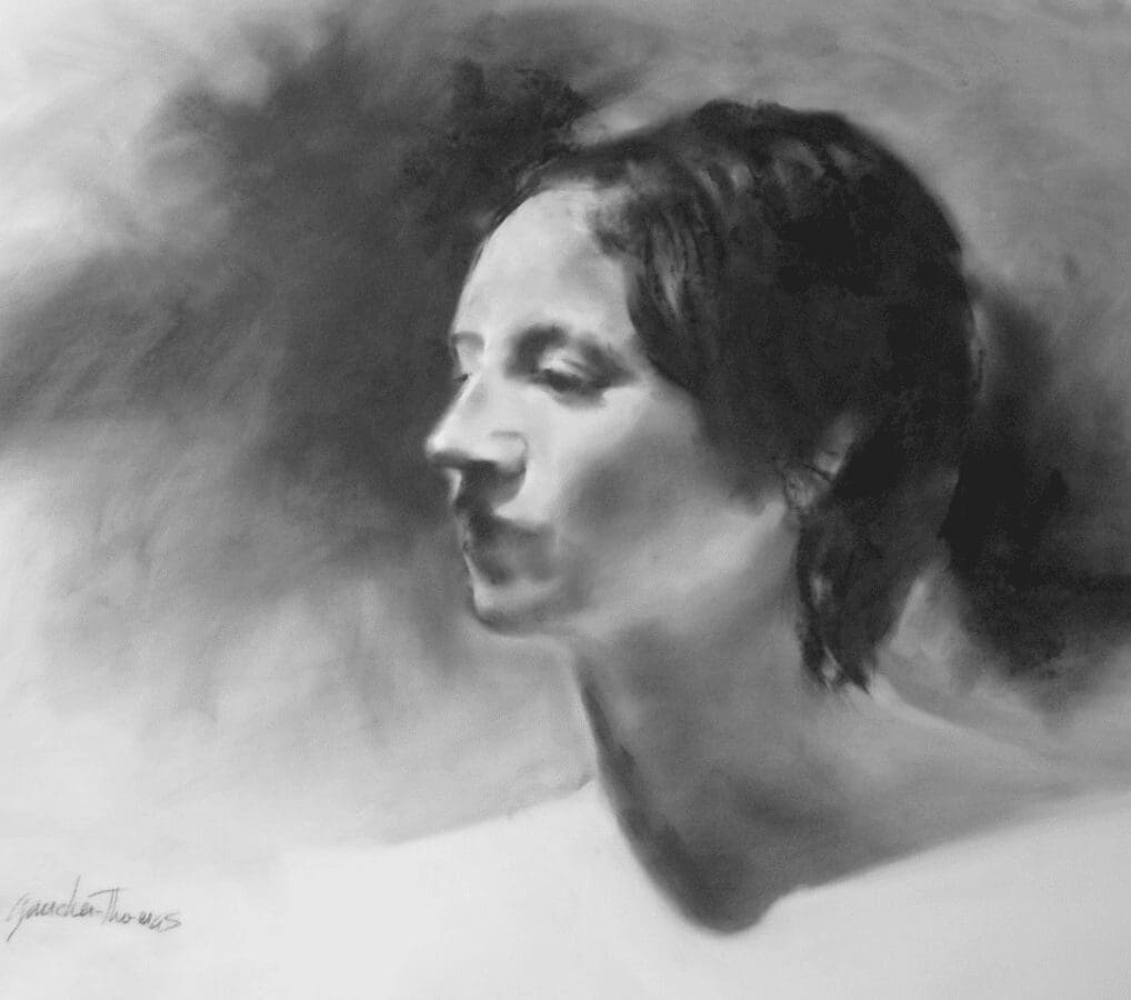 A black and white drawing of a woman in profile.