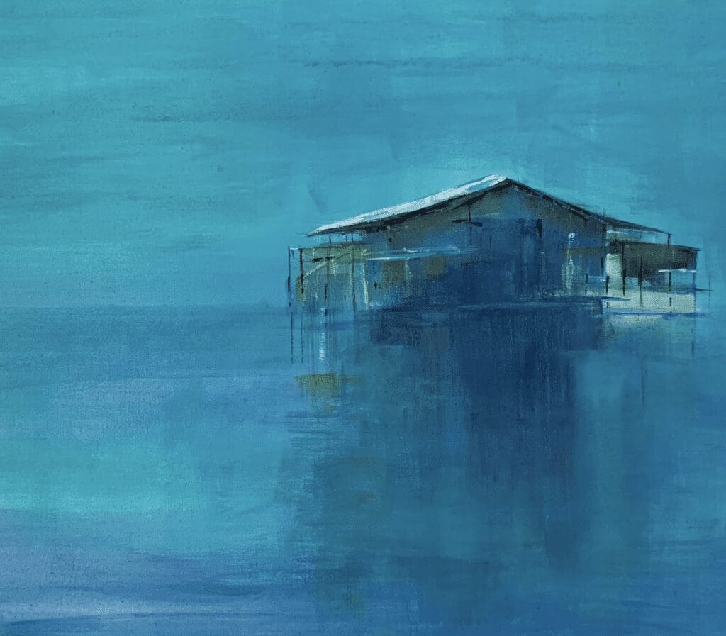 A painting of a house in the water.