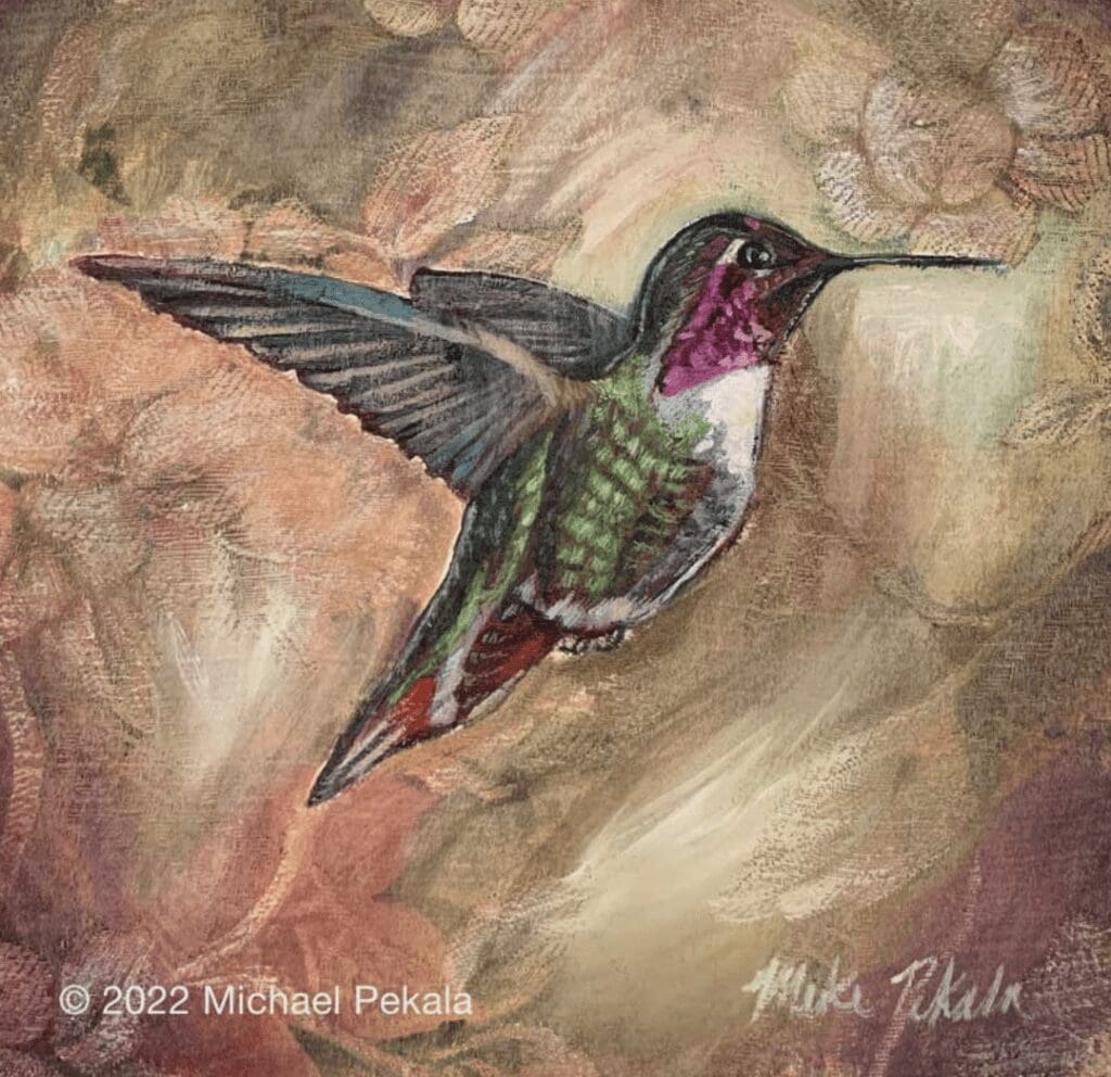 A painting of a hummingbird in flight.