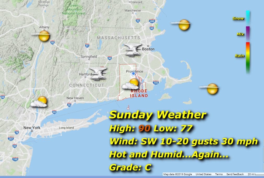 A map showing the sunday weather in massachusetts.