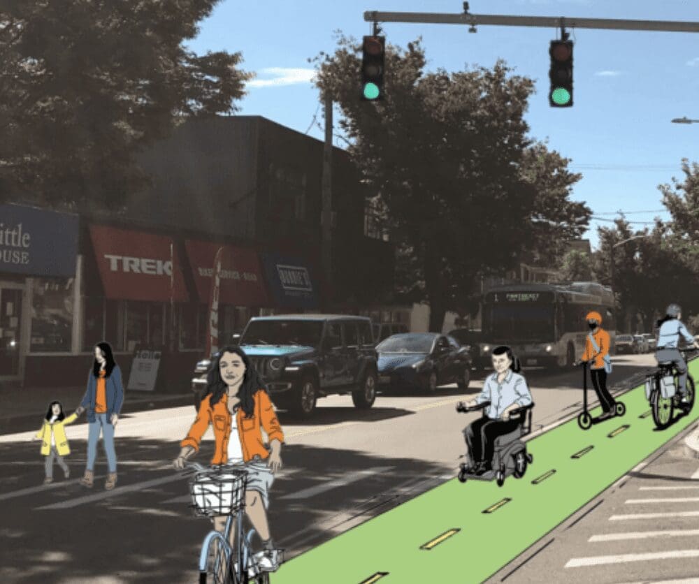 An artist's rendering of a bike lane on a busy street.