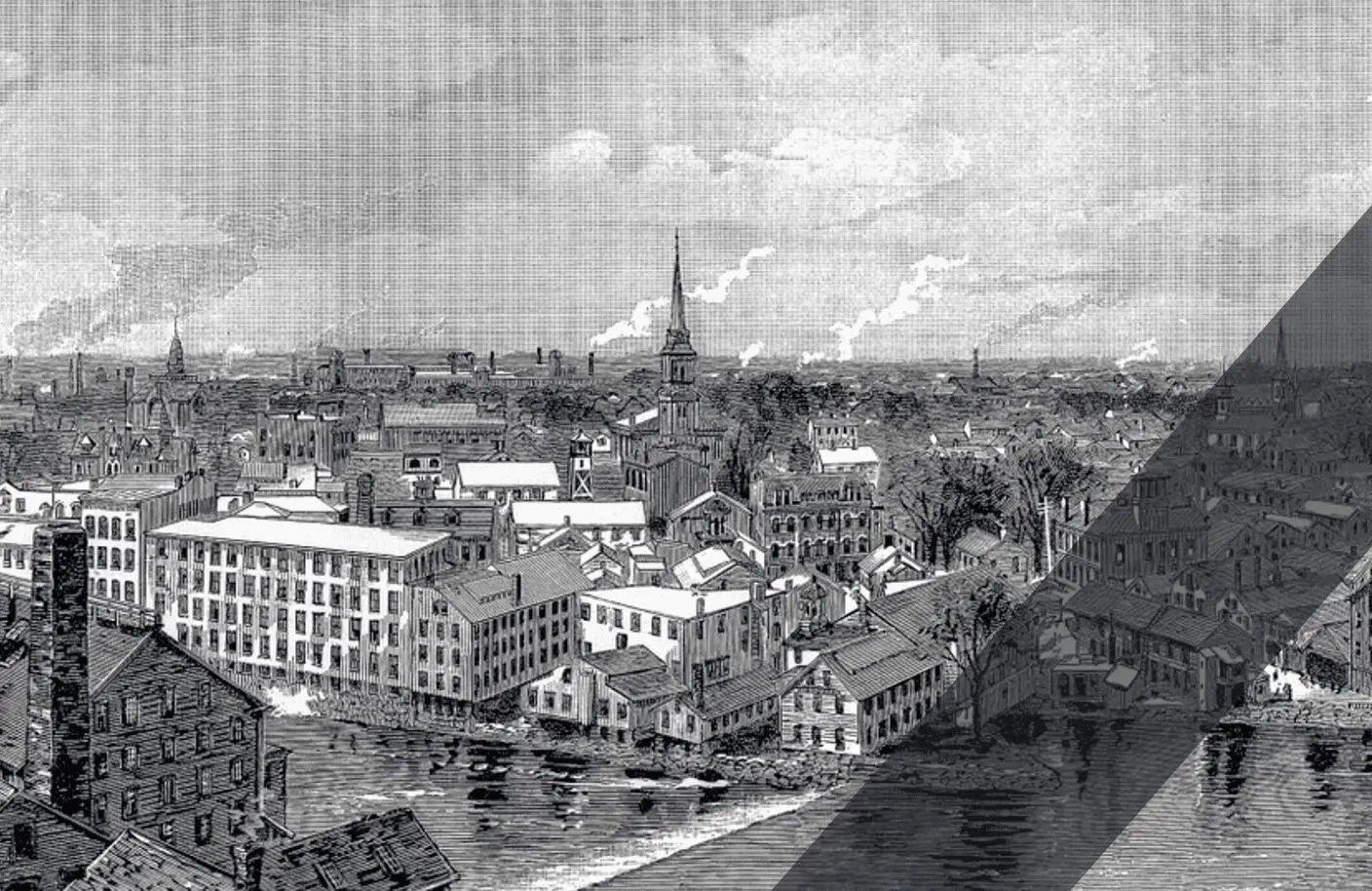 An old black and white drawing of a city.
