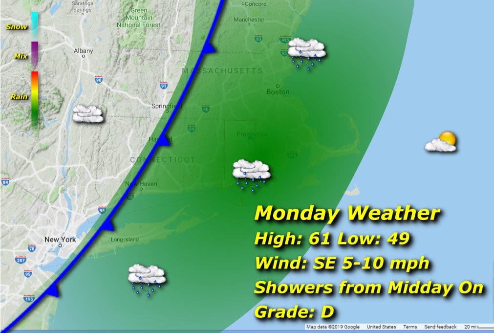 A map showing the weather for monday.