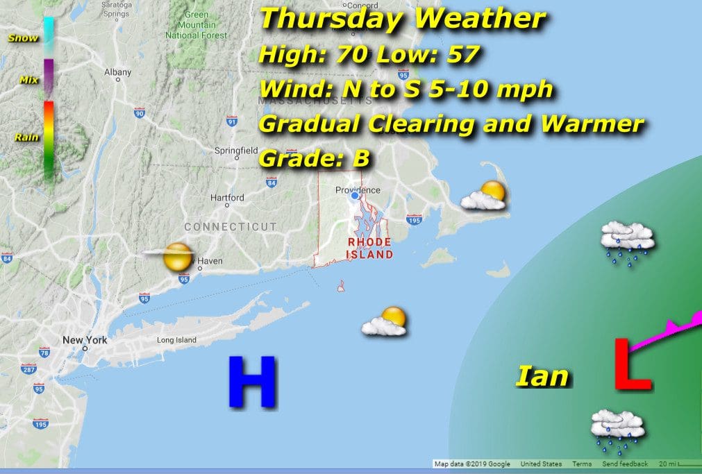 A map showing the weather for thursday.