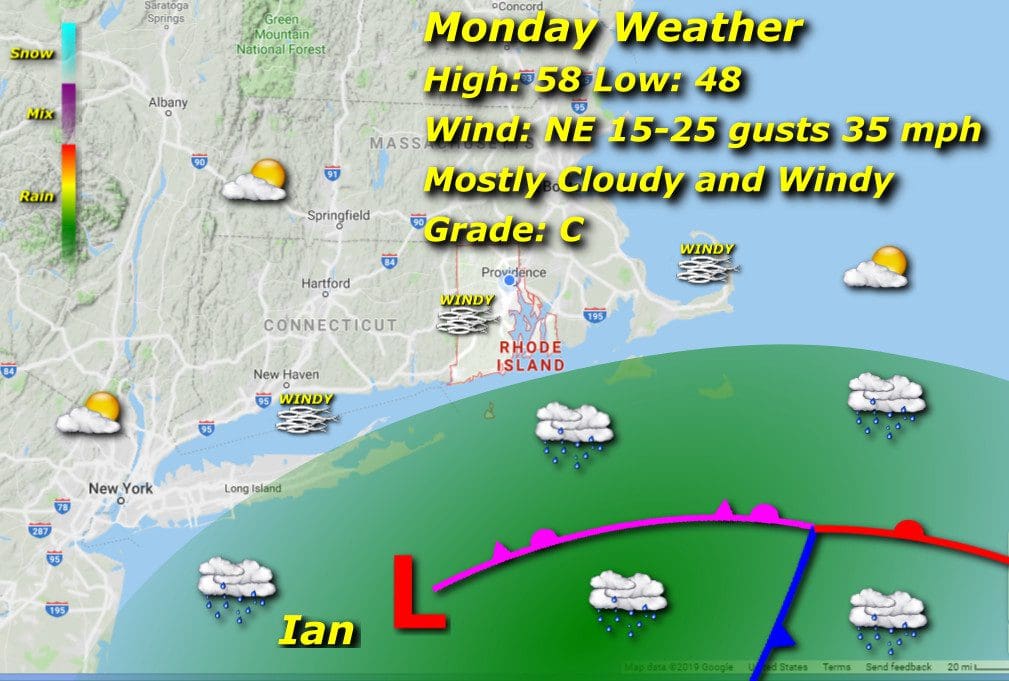 A map showing the weather for monday and tuesday.