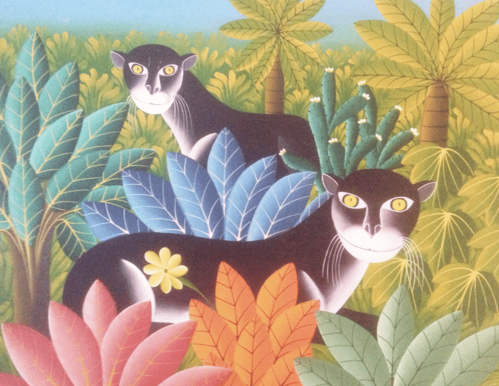 A painting of two panthers in the jungle.