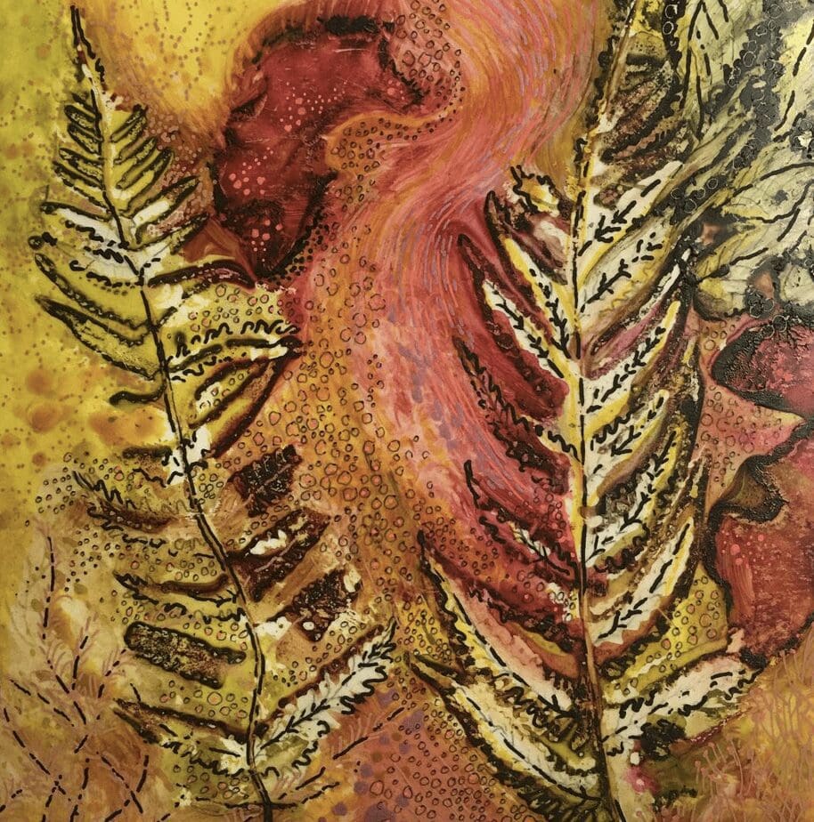 A painting of ferns and leaves on a yellow background.