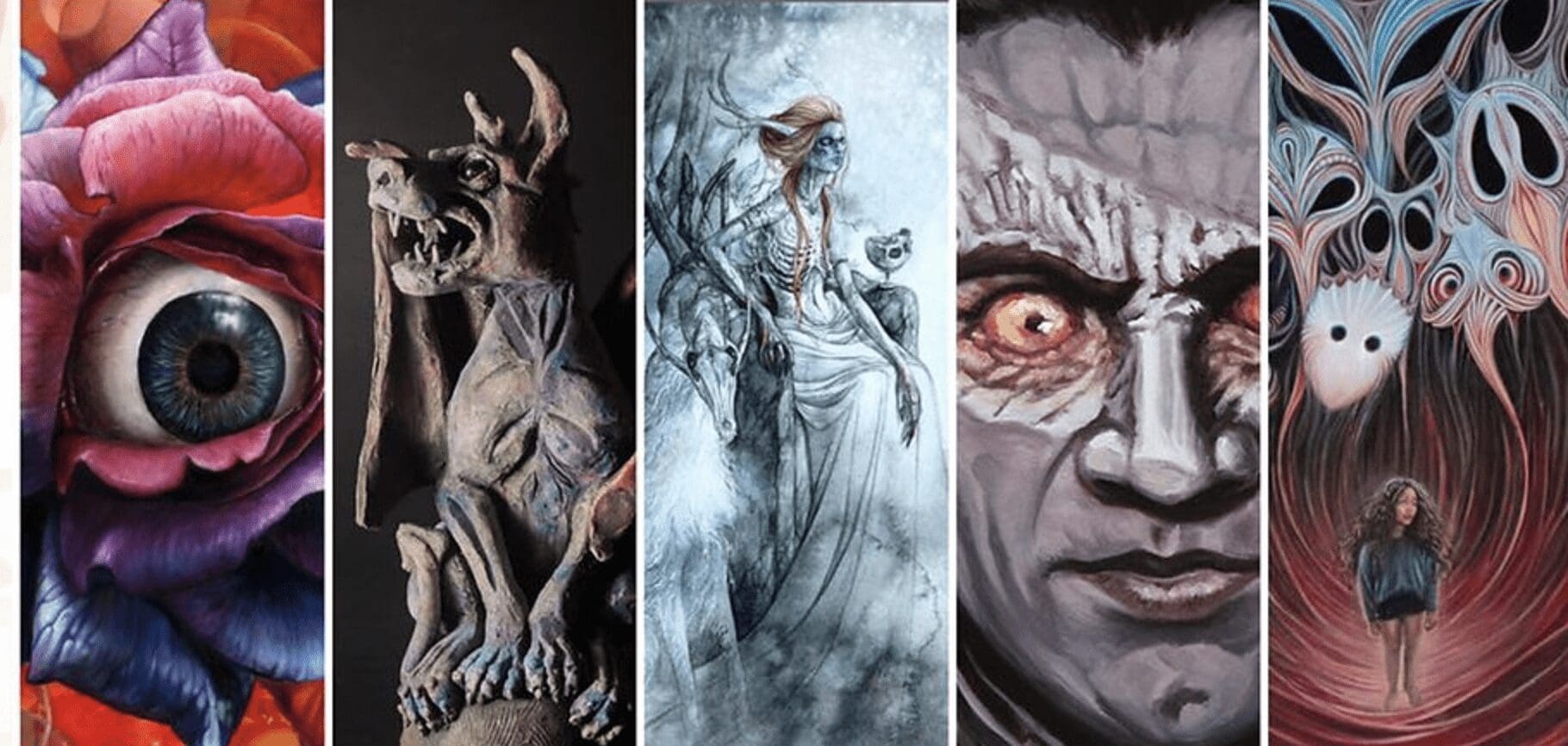 A collage of different paintings of demons and monsters.