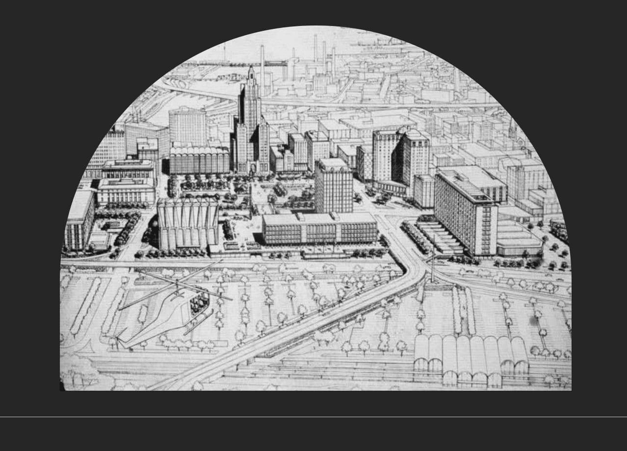 A black and white drawing of a city.