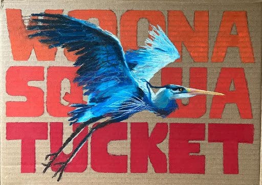 A painting of a blue heron flying over a cardboard box.