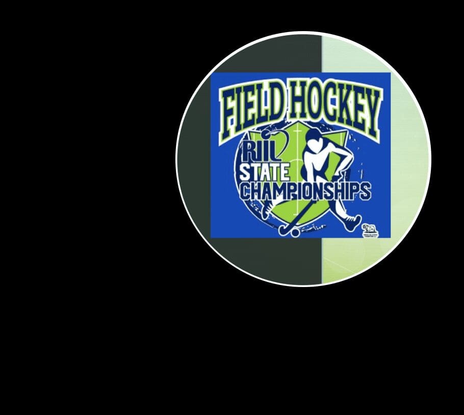 A field hockey logo on a blue and green button.