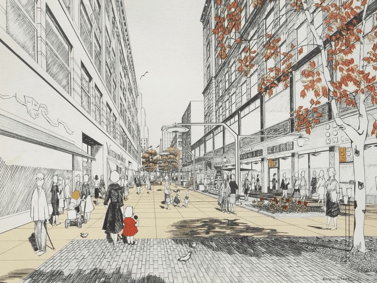 A drawing of a city street with people walking around.