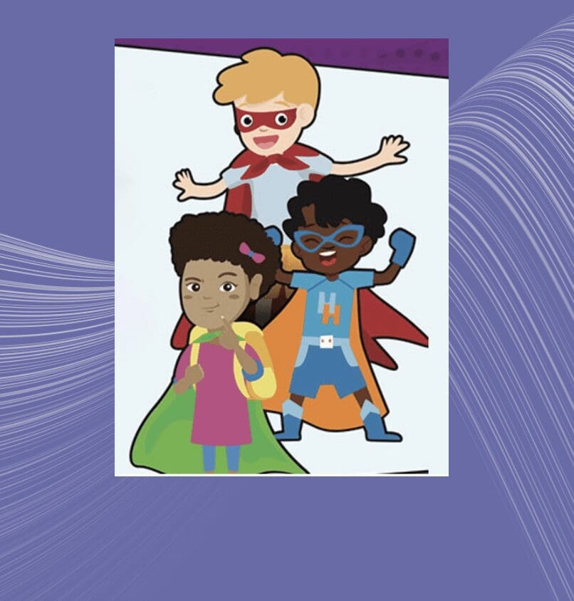 A poster with a group of children dressed as superheroes.