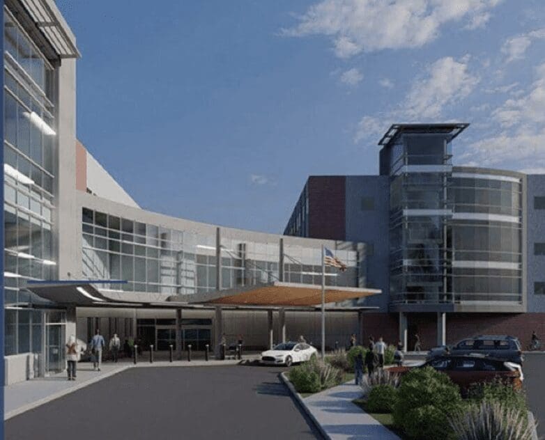 An artist's rendering of a hospital building.