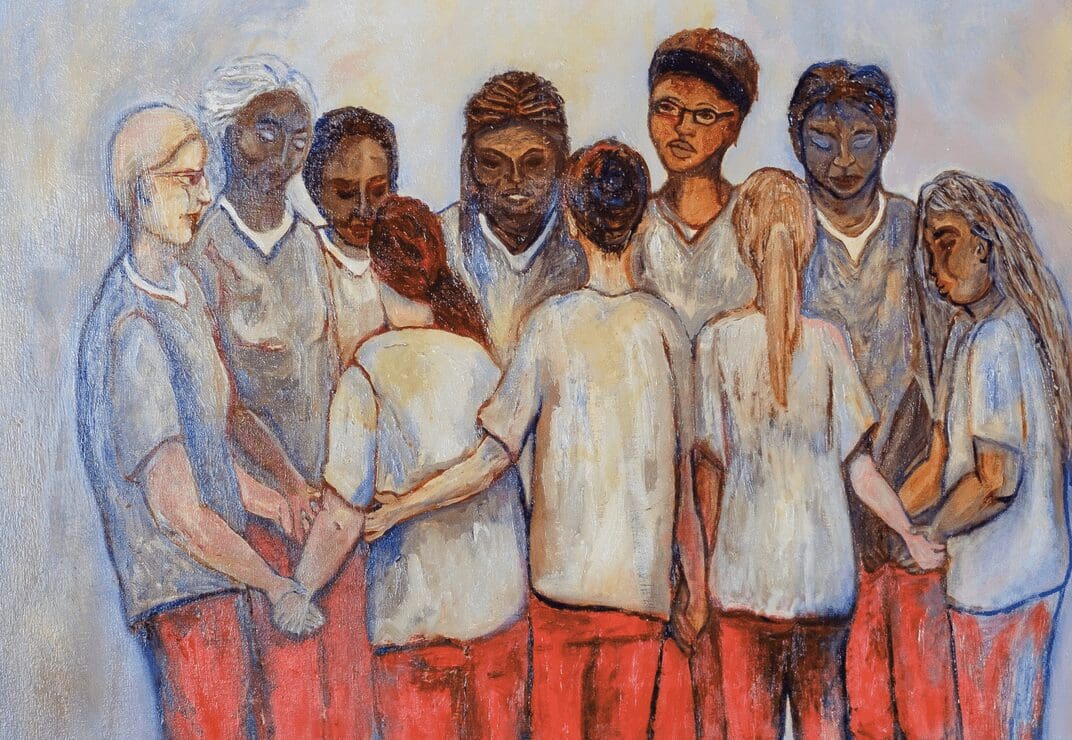 A painting of a group of people holding hands.
