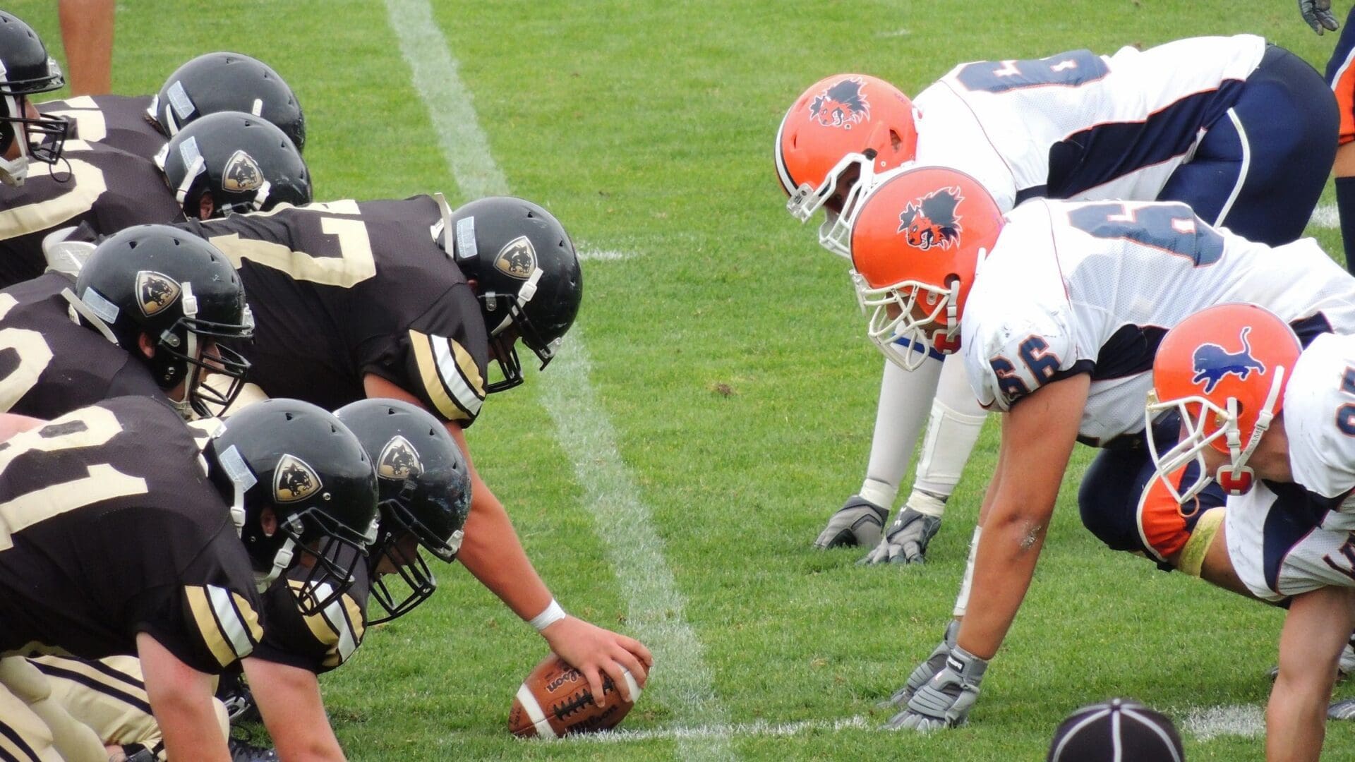 A group of football players lined up for a game.