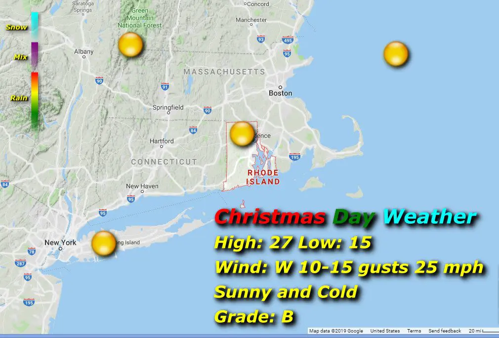 A map showing the christmas day weather in massachusetts.