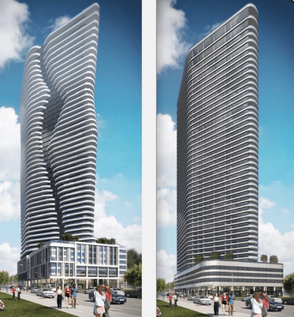 Two renderings of a tall building in the city.