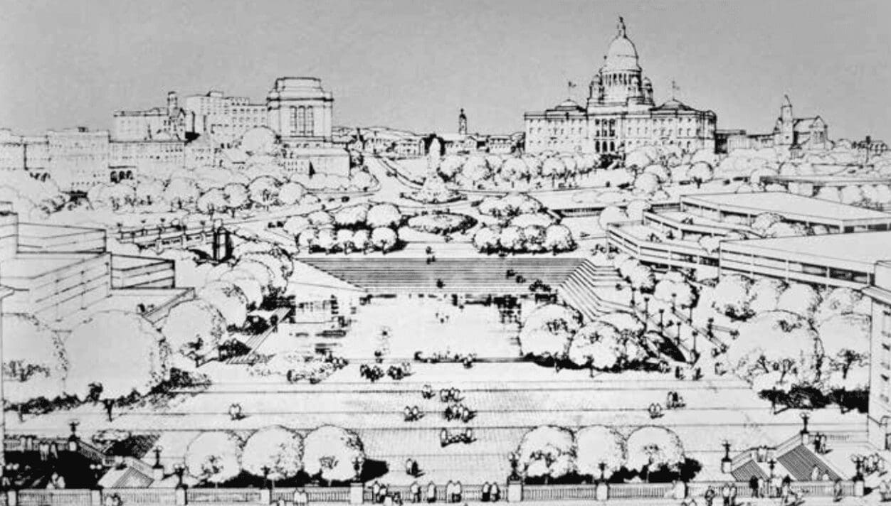 A black and white drawing of a city park.