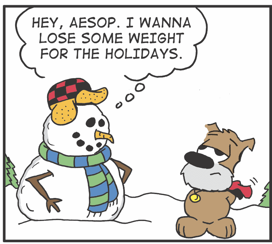 A cartoon with a dog and a snowman.