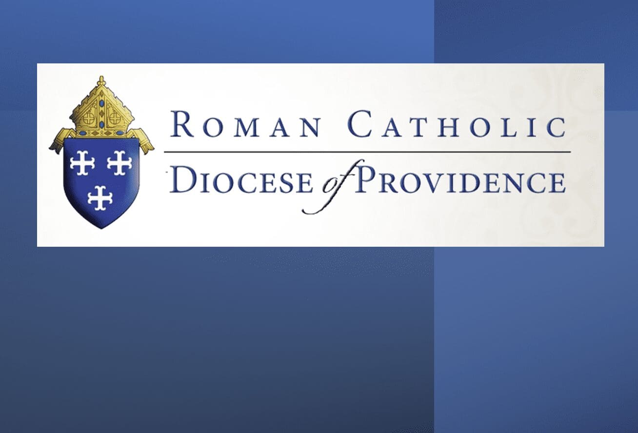The roman catholic diocese of providence logo on a blue background.