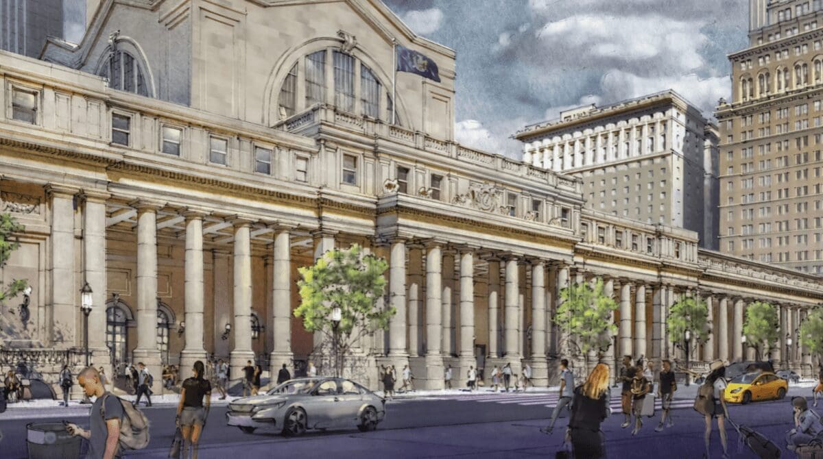 An artist's rendering of a large building with columns.