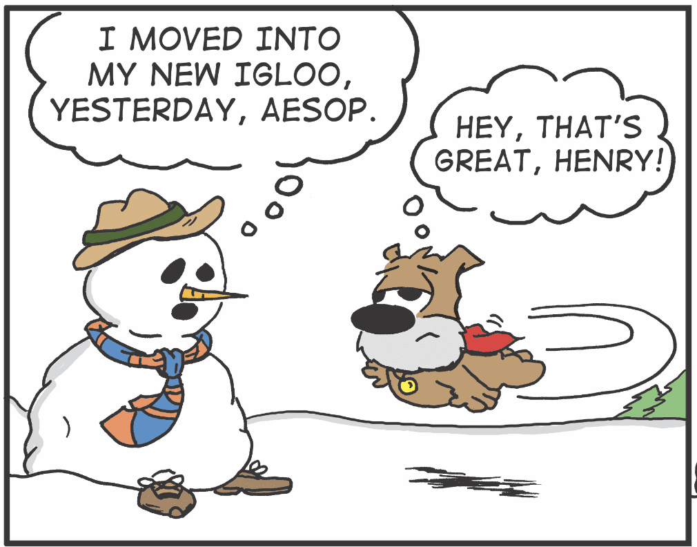 A cartoon of a snowman and a dog.