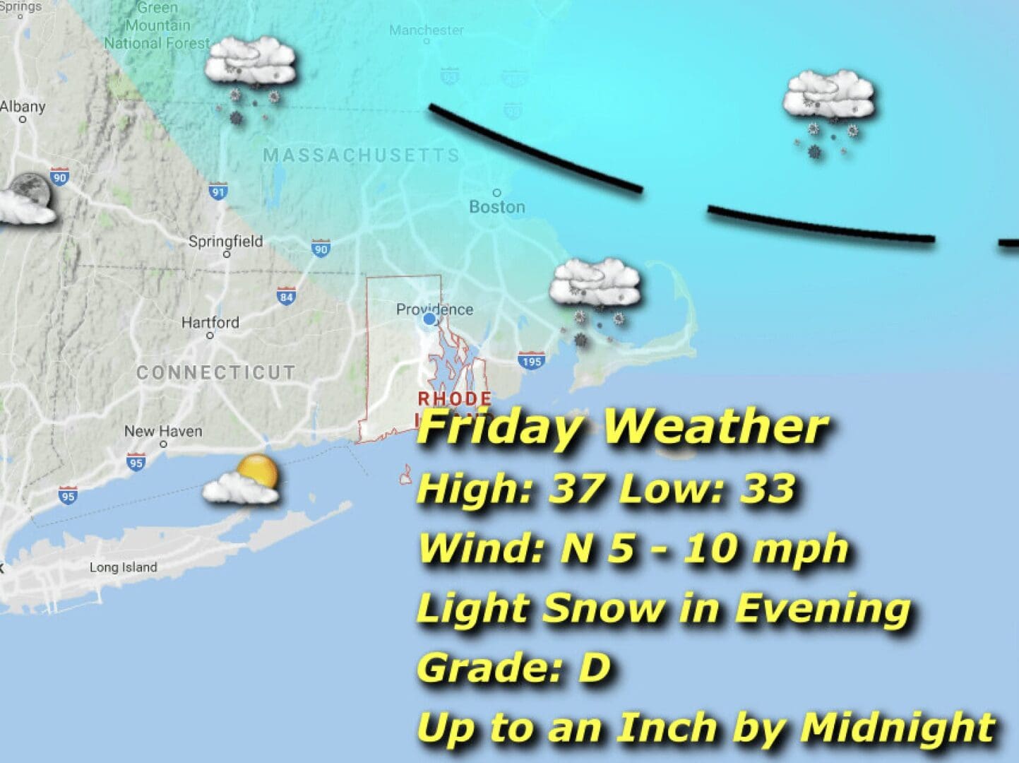 A map showing the weather for friday.
