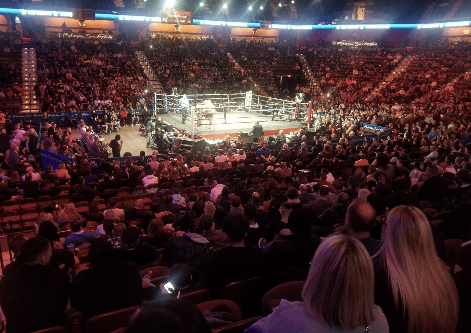 A crowd of people watching a boxing match in an arena.