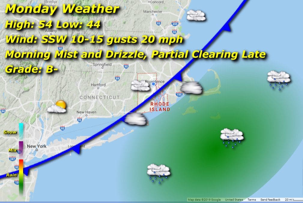 A Rhode Island weather map showing the weather for Monday.