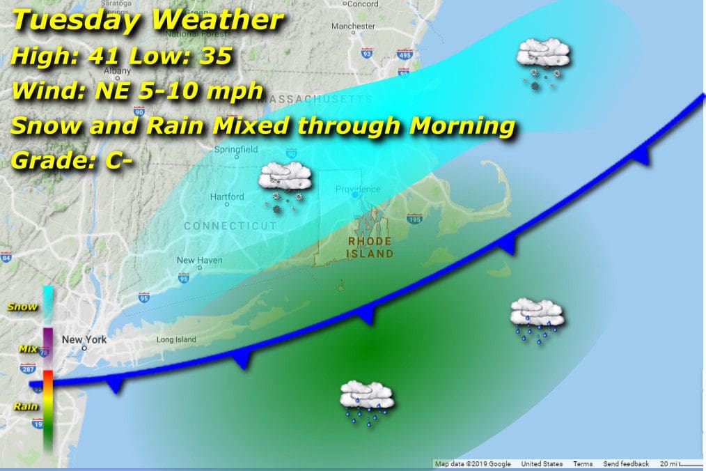 Rhode Island's Tuesday weather map shows snow and rain mixed through the morning.